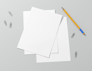 Paper clean mockup with pencil on table 3d rendering