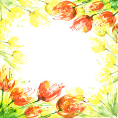 Watercolor yellow, Red flowers, tulips. watercolor illustration, abstract vintage pattern, silk handkerchief, tile, background, medieval acanthus, ceramic tile ornament, kaleidoscope, mandala. 
