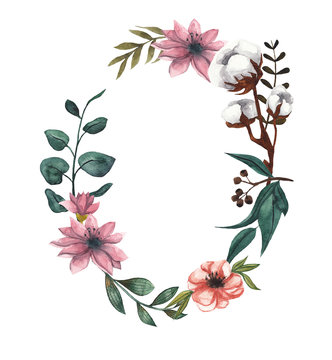 Wreath of flowers and leaves. Watercolor illustration on white isolated background. Floral frame for text. Cotton flowers, eucalyptus leaves