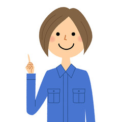 作業服の女性 指をさす