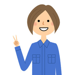 作業服の女性　Vサイン　ピース