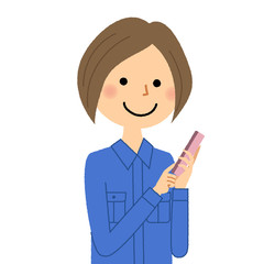 作業服の女性　スマートフォン