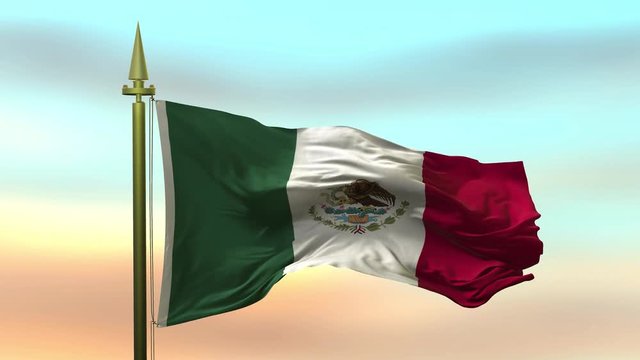 National Flag of  Mexico waving in the wind against the sunset sky background slow motion Seamless Loop Animation