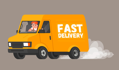 Fast delivery. The driver on the van rushes to deliver the goods to customers and quickly rides leaving a cloud of dust behind. Vector illustration © tynyuk