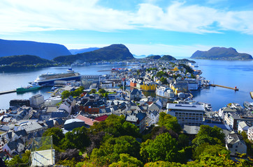 Cityscape of Alesund, Norway on a bright sunny day