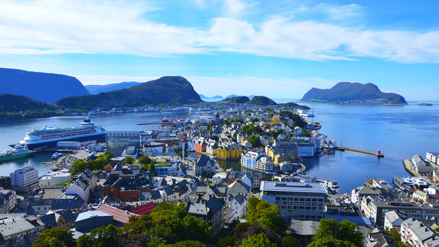 Cityscape of Alesund, Norway on a bright sunny day