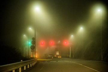 Fototapeta na wymiar Night driving in foggy weather near Mount Fuji, Hakone, Japan