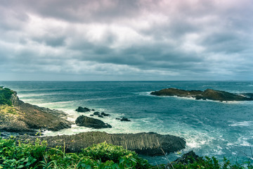 Naklejka premium Wild waves crashing on rocks in the sea at Tsumekizaki Park near Shimoda, izu peninsula, Japan