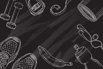 Black background with fitness equipment in doodle style