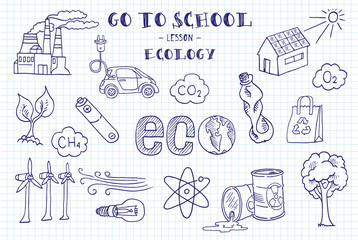 Ecology. Hand sketches on the theme of Ecology.   Note book page paper. Vector illustration.