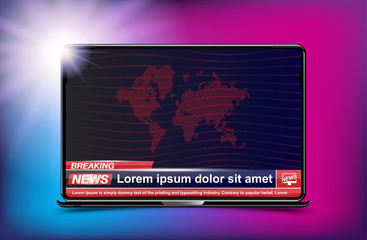 Banner Breaking News template in realistic laptop on colour background. Concept for screen TV channel. Flat vector illustration EPS10