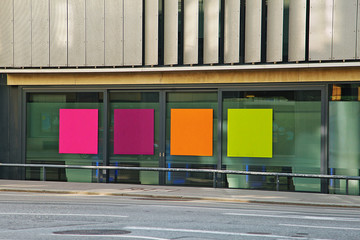 storefront for applying advertising with colorful banners for the text