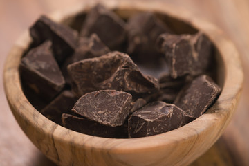 dark chocolate chunks in wood bowl on table