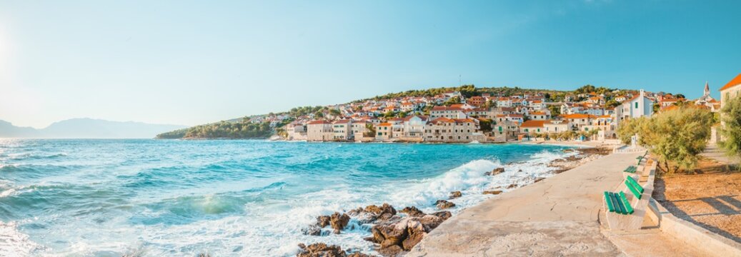 Panoramic view on a beach of a small beautiful town Postira - Croatia, island Brac