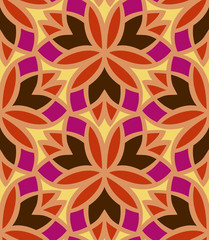 Seamless pattern morrocan ornament. Floral textile print. Islamic vector design. Oriental background with abstract flowers. Hexagonal trefoil swatch. Stained glass vitrage.