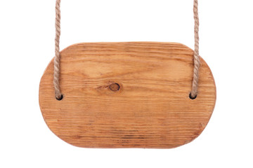 Vintage wooden signboard of light wood, hanging on ropes. Isolated