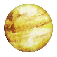 Planet Venus Isolated Yellow Watercolor Stain, Spot On White Background. Abstract Hand Drawn...