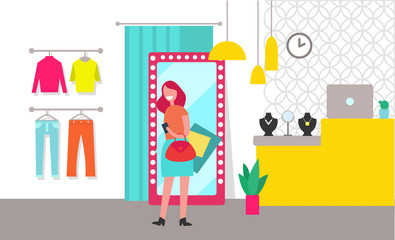 Woman Shopping Clothing Store Vector Illustration