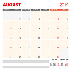 Calendar planner template for August 2019. Week starts on Monday. Vector illustration