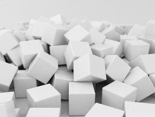 collapsed cubes structure scattered over white floor