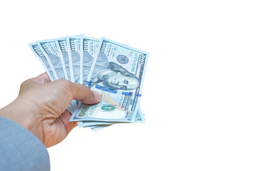 business woman hand holding American dollar currency isolated on white, clipping path included