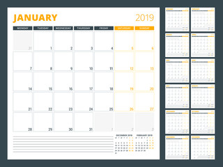 Calendar planner template for 2019 year. Week starts on Monday. Vector illustration - 194822169