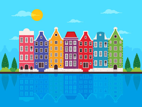 Colorful Amsterdam City Buildings. Flat Design Style. 