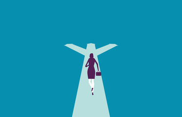 Businesswoman running and choice directions. Vector illustration decision business concept.