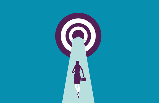 Businesswoman running to target. Vector illustration business reach the target concept.