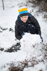 Fototapeta na wymiar The boy is molded Snowman in the yard in the winter