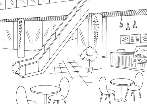 Mall cafe graphic black white interior sketch illustration vector