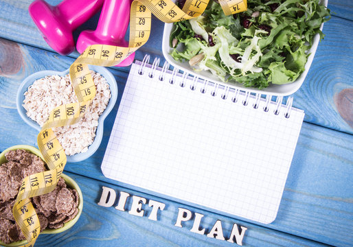 Diet plan, menu or program, tape measure, dumbbells and diet food, weight loss and detox concept.