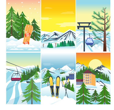 Winter landscape vector snow and house and tree tree. Mountain snowboard frozen wallpaper vintage beautiful nature. Xmas season december card background. Snowflake alpine skiing