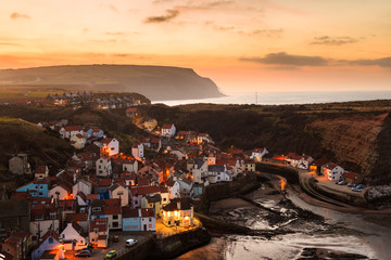Beautiful village of Staithes, at dusk, North Yorkshire, England.