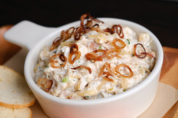 Close up Homemade    Caramelized Onion, Crab and Bacon Dip. (selective Focus)