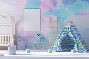 Calendar mockup on wall in child room 3d rendering © radmila85