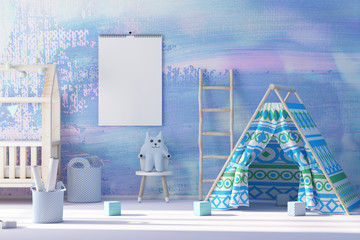 Calendar mockup on wall in child room 3d rendering © radmila85