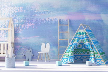 Modern stylish cild playning room with wigwam 3d rendering  © radmila85