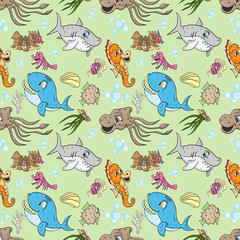 seamless pattern illustration of underwater fish and water inhabitants, underwater world, green background