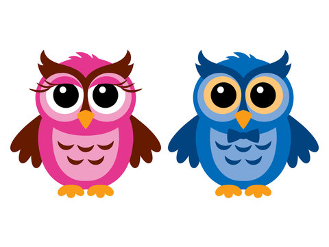 Funny owls, girl and boy, vector illustration, isolated on white.