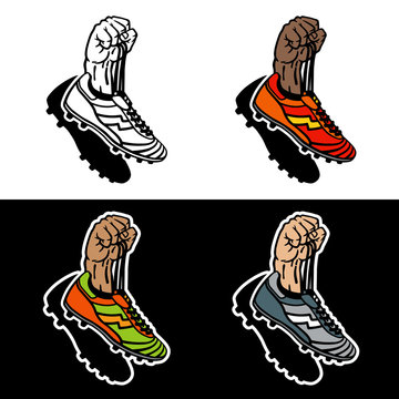 Raised hand holding football boots. Set of hand drawn vector illustrations in different colors.