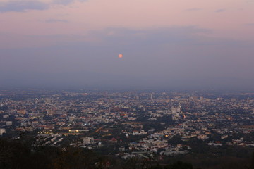 Chiang Mai city view at evening with sunbeam area highlight background, Thailand concept