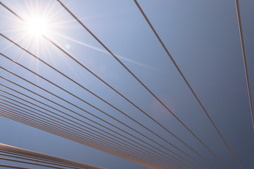 Cable stayed bridge. Architectural detail of the iconic Rio Antirio Bridge - Patras Greece. Inside view.