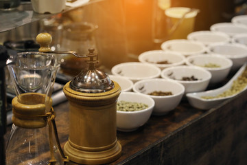 coffee machine in shop background ,Professional barista use manual brew machine making espresso in a cafe. Timer digital for control coffee temperature