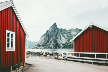 Norway traditional architecture house rorbu and rocky mountains scandinavian travel view landscape