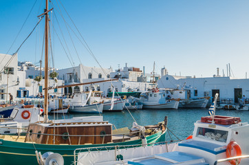 NAOUSA TOWN, PAROS ISLAND, GREECE, JULY 2017: Naoussa village in the island of Paros, Cyclades is one of the most beautiful summer destinations in Geeece
