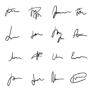 Set of unique black hand drawn sprawling signatures. Authentic-looking vector handwritten autographs collection for business documentation design