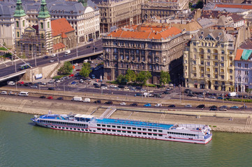 Naklejka premium cruise ship in Budapest city, capital of Hungary