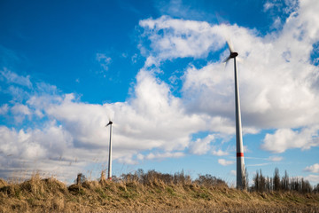 wind turbines standing in the field on a sunny winter day