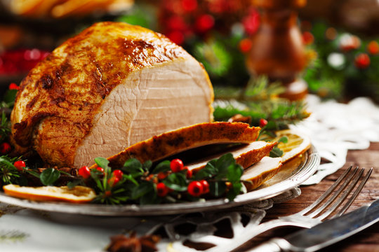 Christmas Baked Ham, Served On The Old Plate.